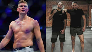 兩名男性MMA拳手，一個在擂台，一個在健身房與朋友擺姿勢。 — 終極格鬥冠軍賽 壁紙