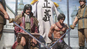 兩名被鎖鏈束縛的男子身穿奇幻盔甲，在圓頂建築和日本橫幅前手持劍。 — 海盜 壁紙