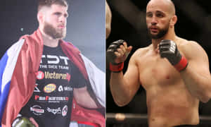 兩名男性MMA拳手，一人披著旗幟，另一人擺出戰鬥姿勢。 — 終極格鬥冠軍賽 壁紙