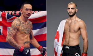兩名赤裸上身的男性MMA拳手與國旗、UFC短褲和手套一起擺姿勢。 — 終極格鬥冠軍賽 壁紙