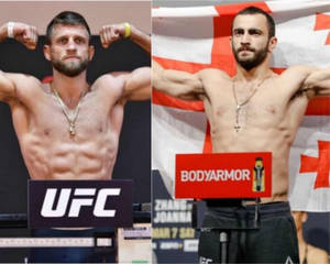 兩名赤裸上身的UFC拳手在稱重時彎曲手臂，背景有喬治亞國旗和BodyArmor標誌。 — 終極格鬥冠軍賽 壁紙