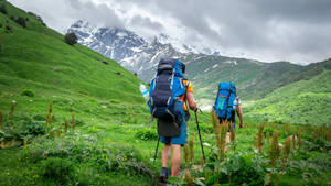 兩名背著藍色背包的遠足者，穿過綠色山谷走向積雪的山峰。 — 運動 壁紙