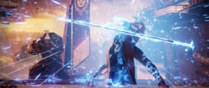 兩名奇幻戰士在雨中的城市景觀中用發光武器戰鬥。 — 電玩遊戲 GIF 壁紙
