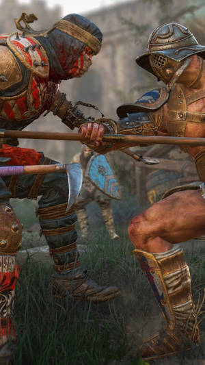 兩名中世紀戰士在草地上持劍交戰。 — 電玩遊戲 GIF 壁紙