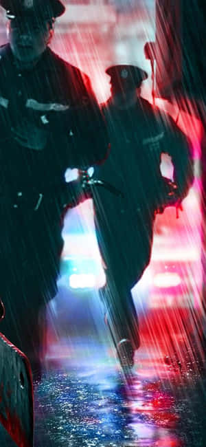 兩名警察在大雨中於閃爍的紅色和藍色燈光下行走。 — iPhone 14 Plus 壁紙