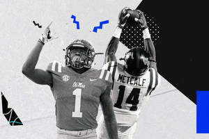 兩名足球運動員，一人慶祝，一人接球，風格化圖形設計。 — Dk Metcalf 壁紙