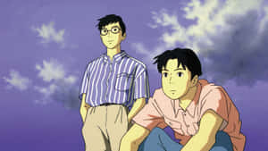 兩名身穿休閒服裝的動畫男孩站在有雲的紫色天空下 — 海洋桌面 壁紙