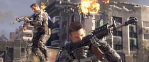 士兵在燃燒的城市中開火，伴隨著爆炸和煙霧。 — 決勝時刻：黑色行動4 壁紙