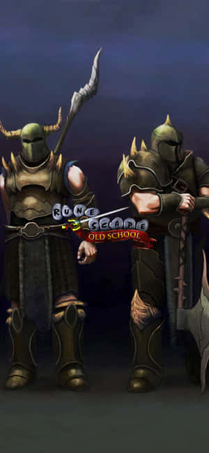 兩名身穿盔甲的騎士手持劍，帶有RuneScape Old School標誌。 — 電玩遊戲 GIF 壁紙