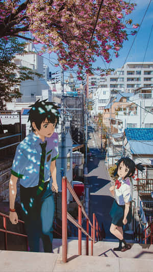 兩名身穿校服的動漫學生在櫻花下的樓梯上。 — 日本動漫 壁紙