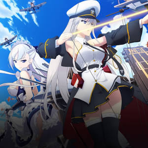 兩名身穿海軍制服的動畫女孩從軍艦上發射雷射，飛機在頭頂飛過。 — 碧藍航線 壁紙