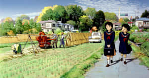 兩名日本女學生走過鄉村道路，經過水稻收割場景。 — 日本動漫 壁紙