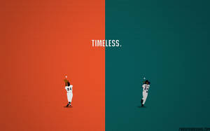 兩名風格化的棒球運動員在橙色和藍綠色背景上接球，帶有「timeless」字樣。 — 酷棒球 壁紙