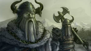 兩名戴著角盔和盔甲的維京戰士站在積雪的山脈前。 — 戰士 壁紙