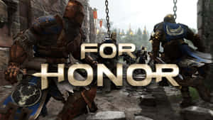 兩名中世紀盔甲戰士在石頭庭院中交鋒，帶有「For Honor」標題。 — 電玩遊戲 GIF 壁紙