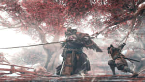 武士在黎明時分霧氣瀰漫的花園中，在紅楓樹下戰鬥。 — 電玩遊戲 GIF 壁紙