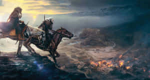 兩名身穿盔甲的騎兵騎馬疾馳過懸崖，夕陽下村莊在下方燃燒。 — 山脈 壁紙