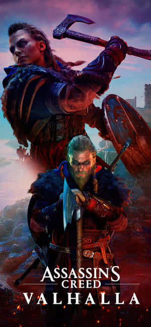 兩名維京戰士在火紅暮色場景中手持斧頭和盾牌。 — 電玩遊戲 GIF 壁紙