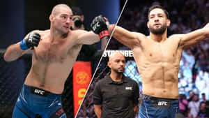比賽後，八角籠內兩名身穿UFC裝備的男性MMA拳手，一人舉臂慶祝。 — 運動 壁紙