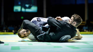 兩名男性BJJ選手在綠色墊子上進行纏鬥比賽。 — 運動 壁紙