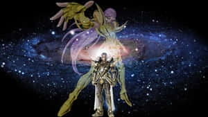 兩名身穿金色鎧甲的動漫戰士站在繁星點點銀河中的宇宙漩渦前。 — 牡羊座 壁紙