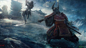 武士戰士在古老日本建築附近的暴風雨中戰鬥。 — 混沌武士 壁紙