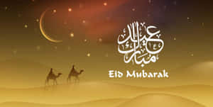 日落時分沙漠中兩名駱駝騎手的剪影，附有Eid Mubarak祝福語。 — 午夜 壁紙