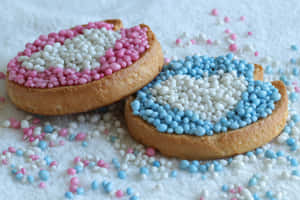 兩塊裝飾餅乾，帶有彩色糖珠，置於白色紋理表面上。 — 糕點 壁紙