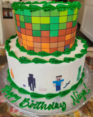 Minecraft生日蛋糕，帶有像素角色和綠色糖霜裝飾。 — 蛋糕 壁紙