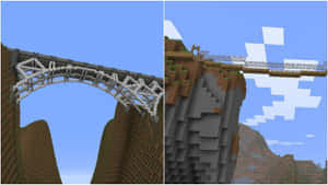 兩座Minecraft橋樑在藍天白雲下穿越懸崖之間的峽谷。 — 塔橋 壁紙
