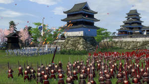 武士軍隊在日本城堡附近交戰，櫻花飄落。 — 日本武士 壁紙