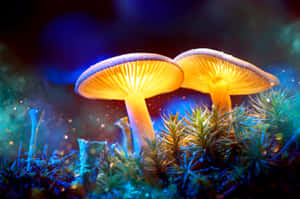 兩朵發光的蘑菇在藍色苔蘚中，帶有夢幻的散景背景 — 蘑菇美學 壁紙