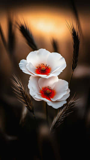 金色日落中，麥稈間的兩朵白色紅心花朵 — 花 壁紙