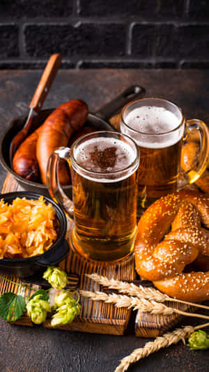 兩杯啤酒配上蝴蝶結麵包、香腸和酸菜放在木板上。 — 啤酒 壁紙