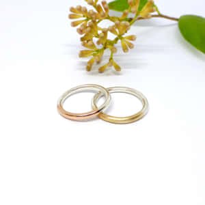 兩枚結婚戒指，玫瑰金和黃金，旁邊是黃色花朵，白色背景 — 乾淨 壁紙