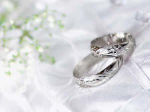 白色布料上兩枚裝飾性銀色結婚戒指與滿天星花朵。 — 4:3 壁紙