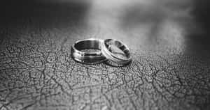 破裂皮革表面上的兩枚結婚戒指，黑白。 — 低飽和 壁紙
