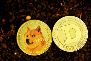 深色礫石上的兩枚金色Dogecoin代幣，一枚有柴犬臉，另一枚有D標誌。 — MacBook Air 15 壁紙