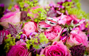 兩枚結婚戒指放在色彩繽紛的花藝佈置上。