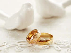白色蕾絲上的兩枚帶鑽石的金色結婚戒指，旁邊是陶瓷鴿子。 — 結婚戒指 壁紙