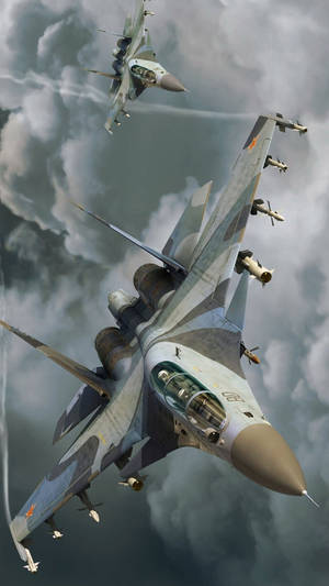 兩架戰鬥機編隊飛過暴風雲層。 — 軍事動圖 壁紙