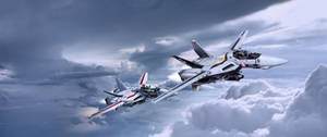 兩架戰鬥機在暴風雲中飛行，引擎發光。 — 太空船 壁紙