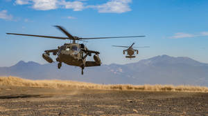 兩架軍用直升機盤旋於乾燥田野之上，背景有山巒。 — 伊拉克 壁紙
