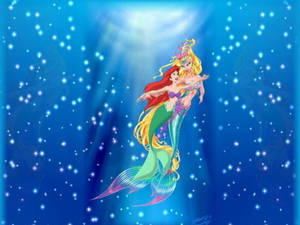 兩條動畫美人魚在閃爍的藍色海洋中水下跳舞。 — 芭比美人魚 壁紙