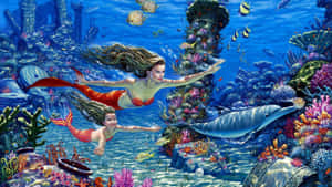 兩條美人魚與海豚一起在色彩繽紛的珊瑚和水下古老廢墟之間游泳。 — 可愛 壁紙