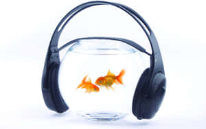 玻璃碗中的兩條金魚戴著黑色耳機。 — 金魚 壁紙