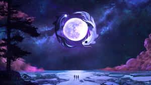 三個身影站在冰上，看著兩條魚在繁星點點的夜空中圍繞滿月轉動。 — 美學月亮 壁紙