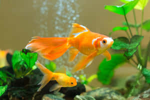 兩條橙色金魚在一個有綠色植物和氣泡的水族箱中游泳。 — 水族箱 壁紙