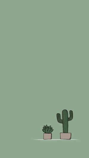 純綠色背景上的兩棵小盆栽仙人掌 — 插畫 iPhone 壁紙