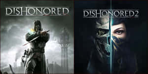 兩款《Dishonored》遊戲封面，描繪骯髒城市環境中的蒙面刺客。 — 冤罪殺機 壁紙